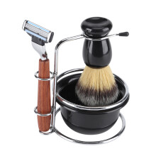 4-teiliges Rasier-Kit mit Holzrasiererständer, Schale und Bürstenset für Männer