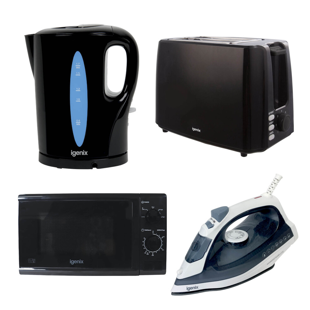Igenix 1.7L 2200W Kettle, 750W 2-Slice Toaster, 20L 800W Microwave & 1600W Iron, Black