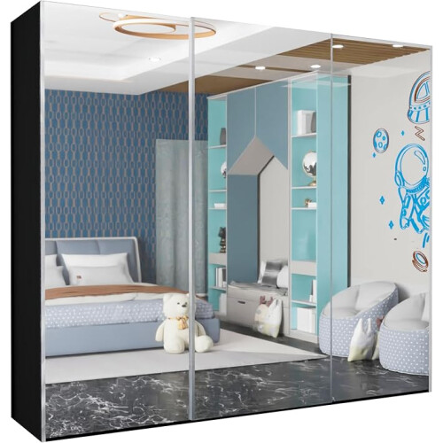 (Black, 250cm) Etna Full Sliding Mirror Door Wardrobe
