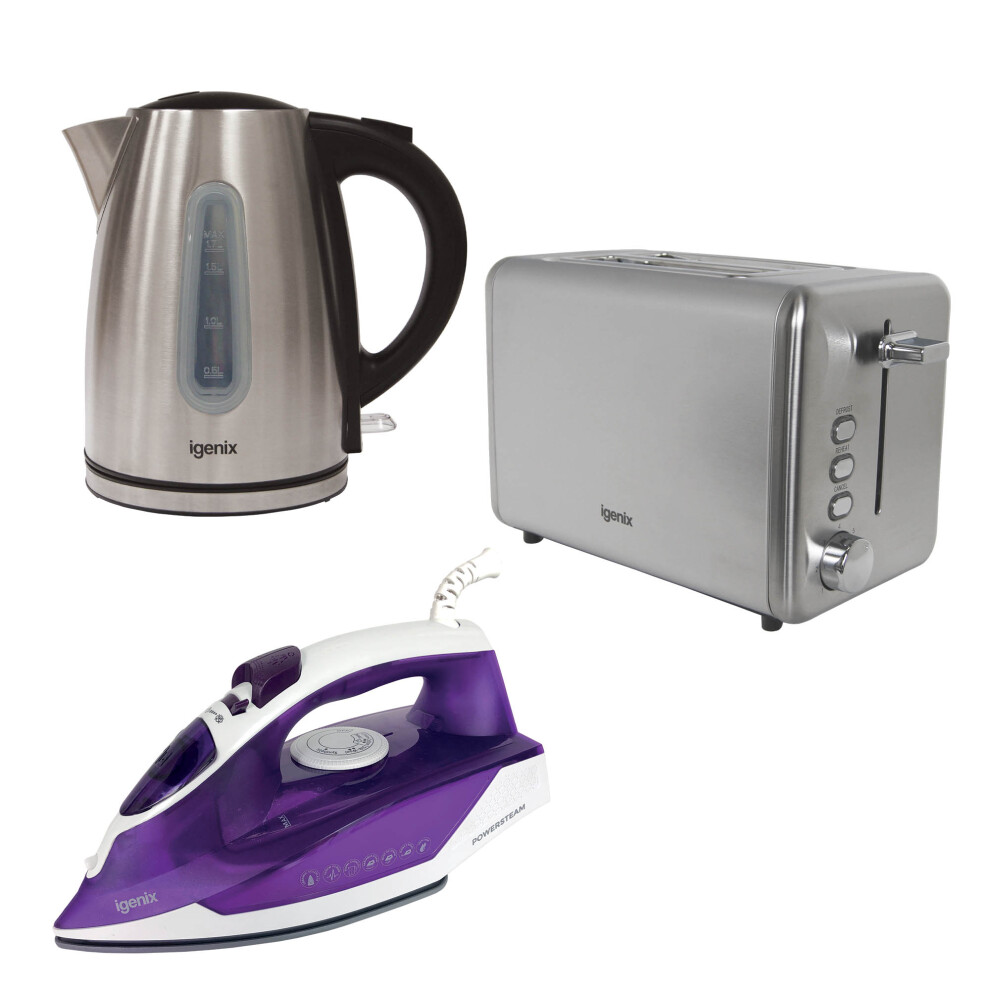 Igenix 1.7L 2200W Electric Kettle + 750W 2-Slice Toaster, 2200W Iron, Stainless Steel