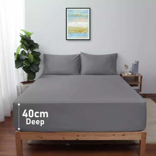 Imperial Rooms (Single Plain Fitted Sheet 40CM) 2-Pack Grey Fitted Bed Sheets Single Double King 2
