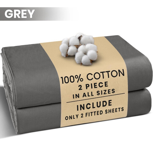 Imperial Rooms (Double Cotton Fitted Sheet) 2-Pack Grey Fitted Bed Sheets Single Double King 2