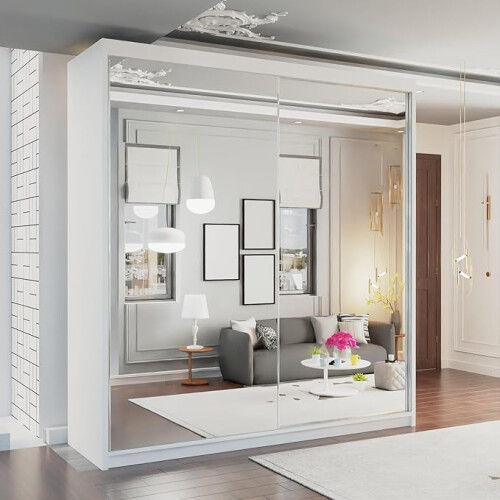 (150 cm, White) Monarch Double Mirror Sliding Door Wardrobe