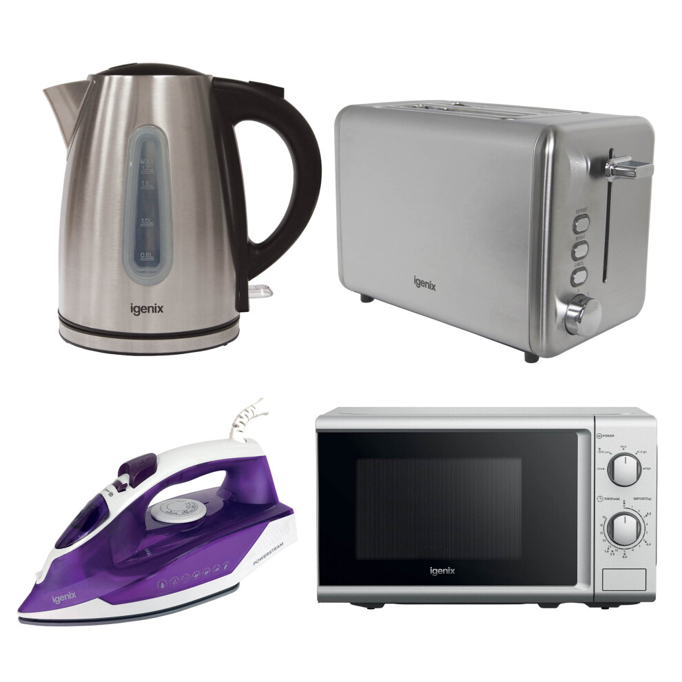 Igenix 1.7L 2200W Fast Boil Kettle, 750W 2-Slice Toaster, 20L 800W Microwave Oven and 1600W Steam Iron , Stainless Steel