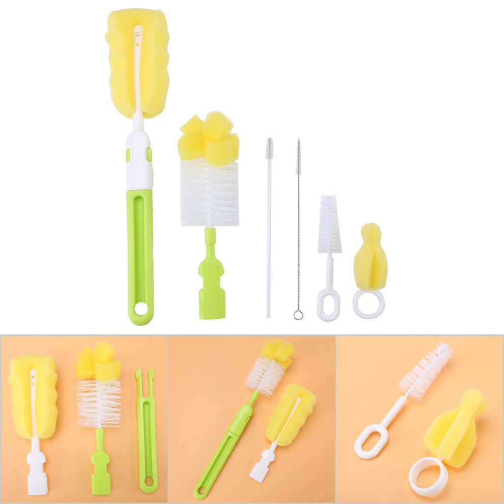 6Pcs Baby Bottle Nipple Brush Suit Set Flexible Rotating Sponge Head Cleaning Kit Green