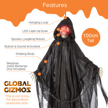 Global Gizmos 47929 Hanging Skeleton Decoration / Light, Sound & Shaking Effects / Button & Sound Activated / 100cm Height