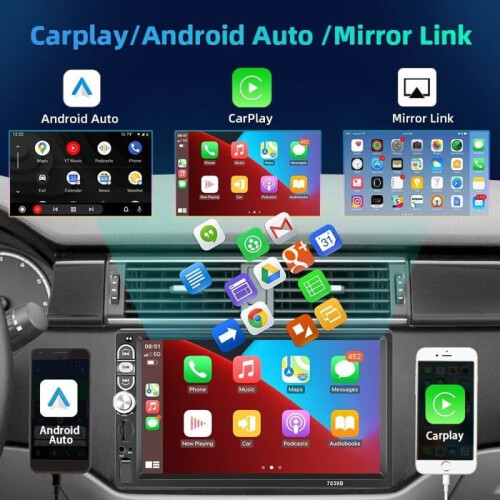 DIN car radio with 7-inch touchscreen, compatible with Apple CarPlay and Android Auto, Bluetooth/Link 1