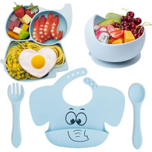 Baby Suction Cup, 5-Pack Non-Slip Silicone Plates with Compartments and Bibs, Blue