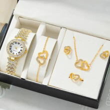 5-piece luxury women's watch set with heart-shaped jewelry set, bracelet, necklace, earrings and ring, gold jewelry set as a gift