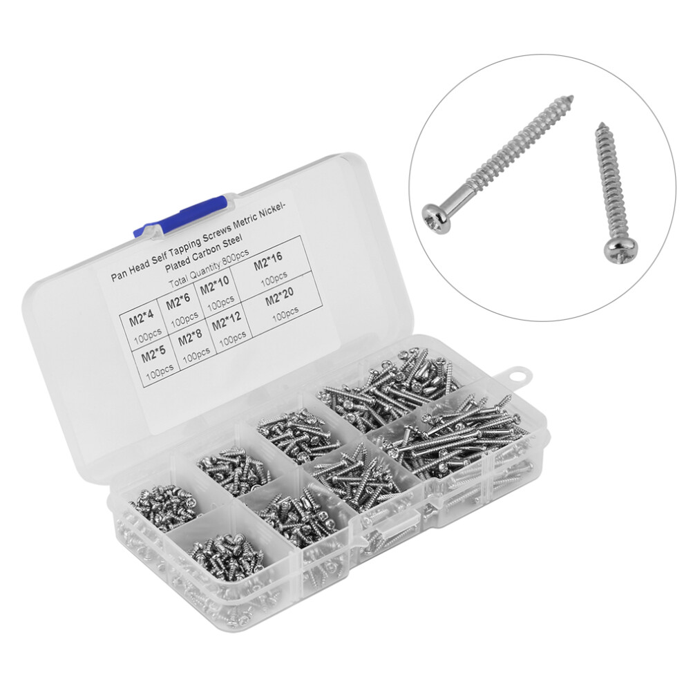 800Pcs M2 Cross Drive Pan Head Self Tapping Screws Woodworking Fastener With Box 4691324327186