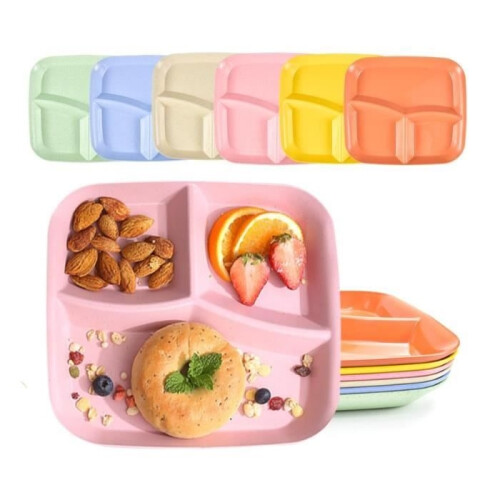 Set of 6 3-compartment plates plastic 25 x 22.5 cm tableware plate compartment plate drawer for adults