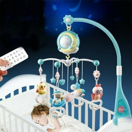 Blue music mobile for babies – With ceiling projector – Music to fall asleep – Bed bell
