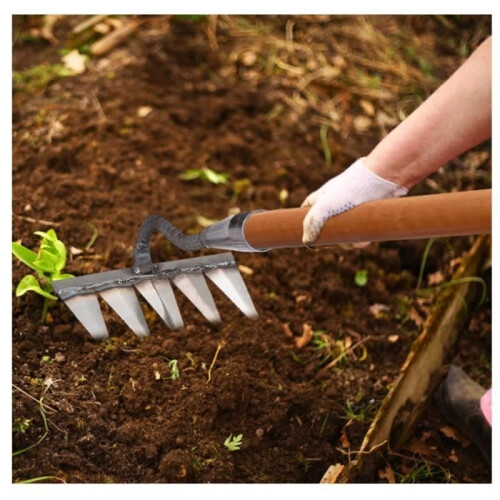Metal garden rake for weeding and raking – white – rake tine tool 1