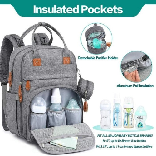 BabbleRoo Diaper Bag Backpack - Large Capacity - Waterproof - Gray - 0 Months - Birth 2