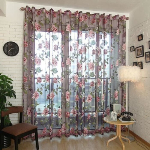 Purple peony pattern eyelet curtain – Elegant double curtain 100 x 200 cm