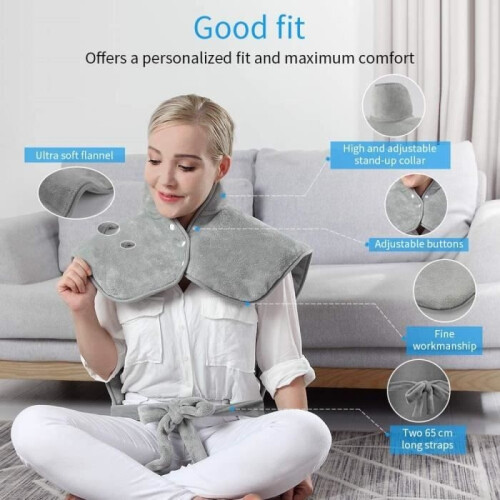 Heating pad for back, neck, shoulders, and throat. Ultra-soft surface. Heats up quickly with 6 adjustable temperatures. 1