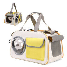 Breathable and foldable cat and dog carrier with viewing window and internal safety strap, yellow, ideal for outdoor activities.