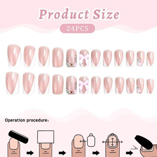 24 white coffin-shaped artificial nails with rhinestones and pink bows 1