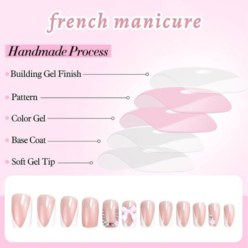 24 white coffin-shaped artificial nails with rhinestones and pink bows 2