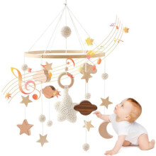 Cradle mobile, stars, clouds, moon, with clear sounds, portable wooden mobile, boho hanging toy