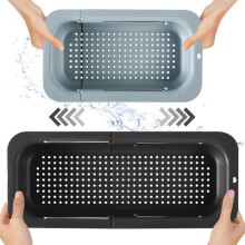 Set of 2 expandable sink strainers made of BPA-free plastic for storing and washing dishes and fruit.