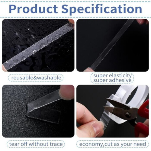 Extra strong double-sided tape, 2 pieces, transparent, versatile, traceable, removable and reusable 2