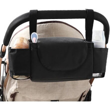 Universal stroller storage bag with insulated cup holders and shoulder strap.
