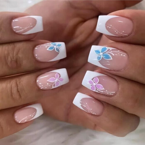 24 pieces reusable short square false nails (white edge, butterfly) 2