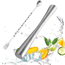 26cm stainless steel cocktail muddler, mojito muddler with cocktail spoon, ice muddler, used in bars and restaurants