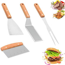 Set of 4 plancha spatulas, stainless steel grill cutlery, plancha accessories, slanted spatula with solid wood handle, pizza spatula