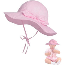 Pink baby girl hat, wide brim hat with bow, adjustable cotton hat, adjustable summer hat with sun protection