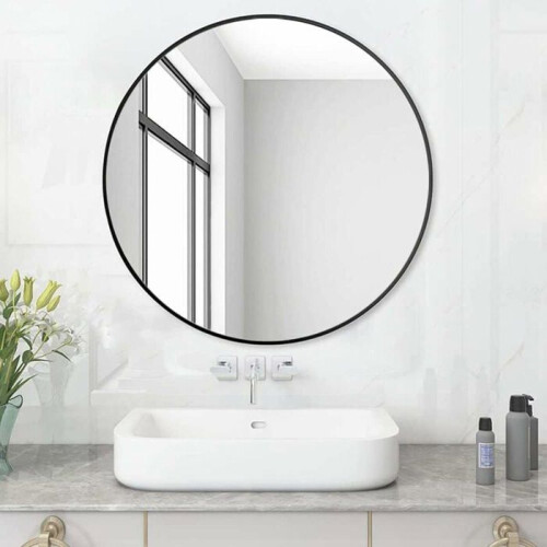 Round bathroom mirror without lighting, black, 50 cm, wall mirror with black plastic frame, round decorative mirror, black edge, VHV