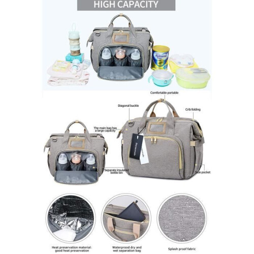Multifunctional and waterproof diaper bag, portable travel bag with foldable bed. 1