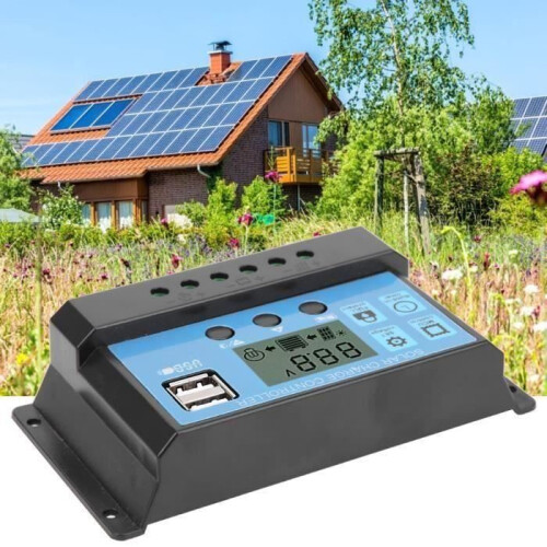 Blue automatic PWM solar controller with LED electronic microcontroller for outdoor off-grid solar systems