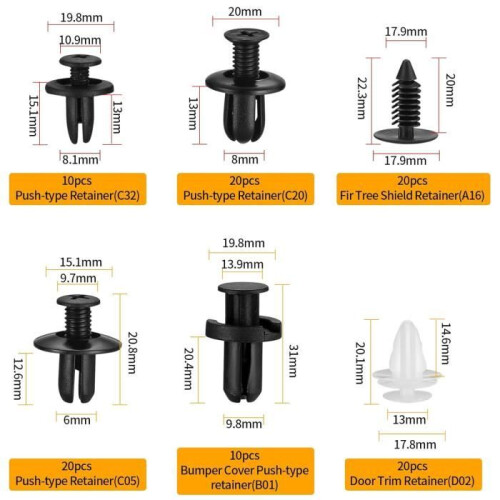 Universal plastic set for car door panels, clips and rivets with removal pliers 1