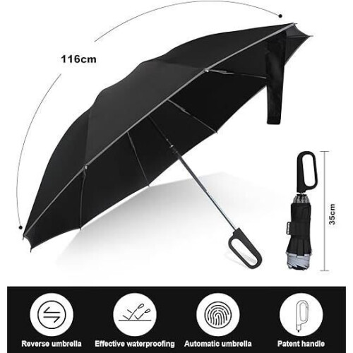 Compact, inverted, folding umbrella with carabiner - Black - Automatic - Fiberglass, Teflon 1