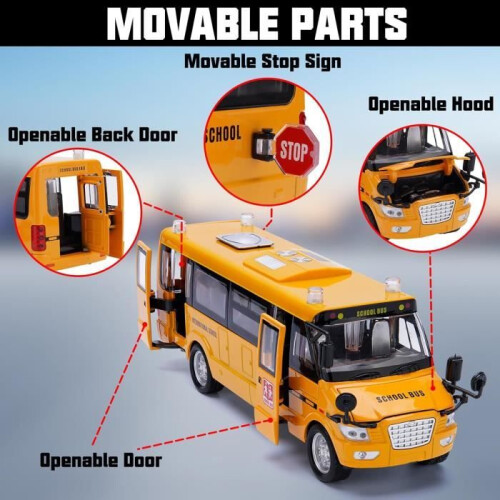 Toy School Bus – Die-Cast Model – 23.5cm – Lights and Sounds – Opening Doors – Yellow 1