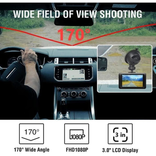 1080p, 170, 3-inch dashcam with parking mode, motion detection and loop recording 1
