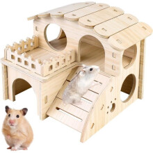 Hamster cage, two-story corner hamster house made of wood, decoration for dwarf hamsters, gerbils, degus, octopuses, mice