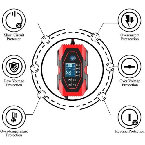 6A 12V/24V Car Motorcycle Battery Charger with Repair Function, Multiple Protections, LCD Touch Screen, Red 1