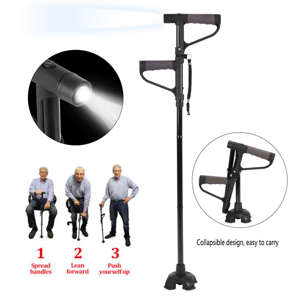 Retractable Collapsible Anti slip Double T handle Walking Stick with LED Light for Old Man