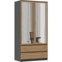 (Anthracite Artisan) Mirrored Double Wardrobe with Drawers - 2 Door Bedroom Wardrobe with Shelves & Hanging Rail (90 cm W x 50 cm D x 180 cm H)