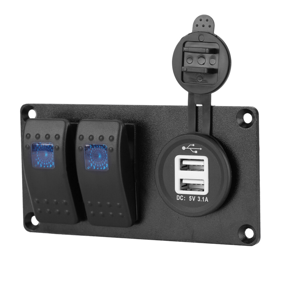 2 Gang 12-24V Led Rocker Switch Panel With 3.1A Dual Usb Port For Car Rv Marine Boat Blue 9491324353056