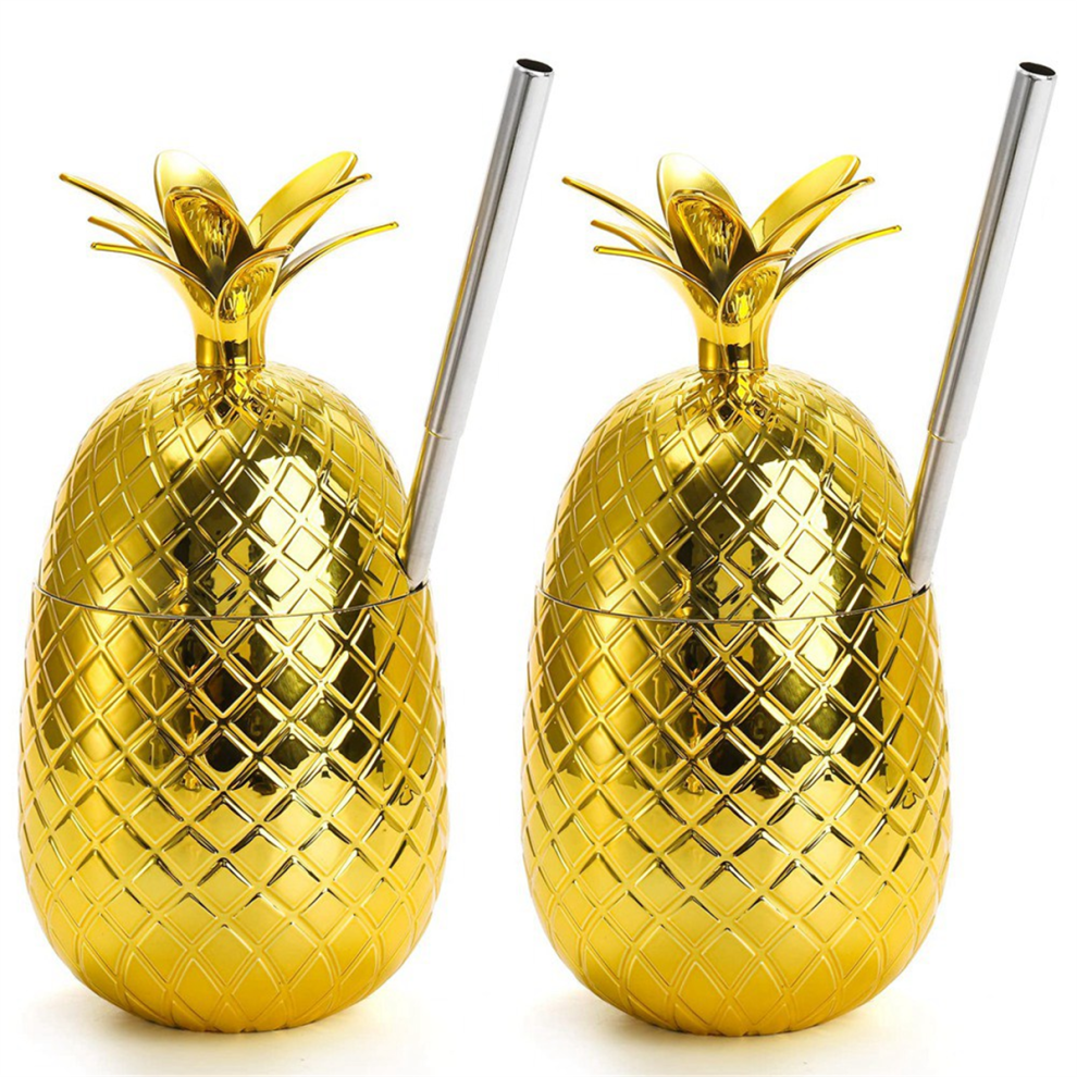 Jehiatek 2 Pack Pineapples Drink Cups, 450Ml Tumbler With Stretched Straw, Hawaiian Luau Cups Gold