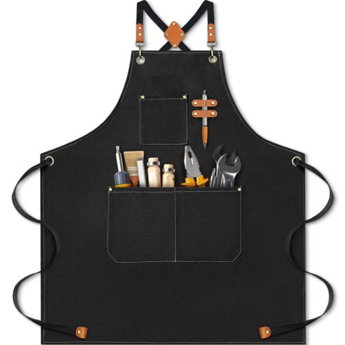 Grembiule da cuoco per uomo, resistente retro in tela di cotone con spalline regolabili e tasche, nero 1