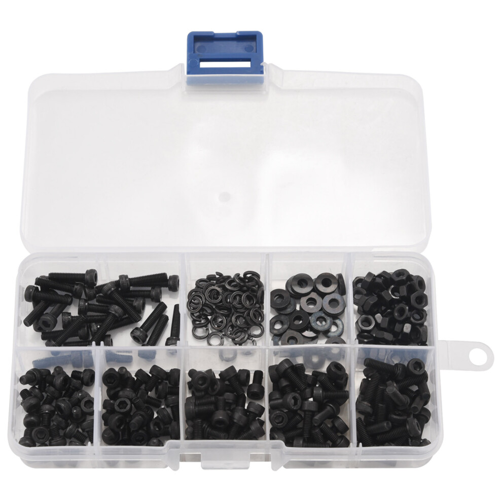 300 Pcs Hex Bolts Nut And Washer M3 Tool Kit With Plastic Box (Black) 4851839526706