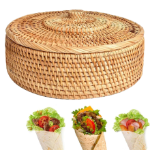 Round Rattan Boxes with Lid Hand-Woven Multi-Purpose Wicker Tray