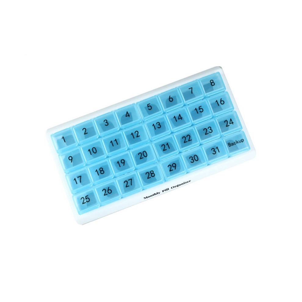 Blue Monthly Pill Organizer 31 Compartments, Pill Organizer,