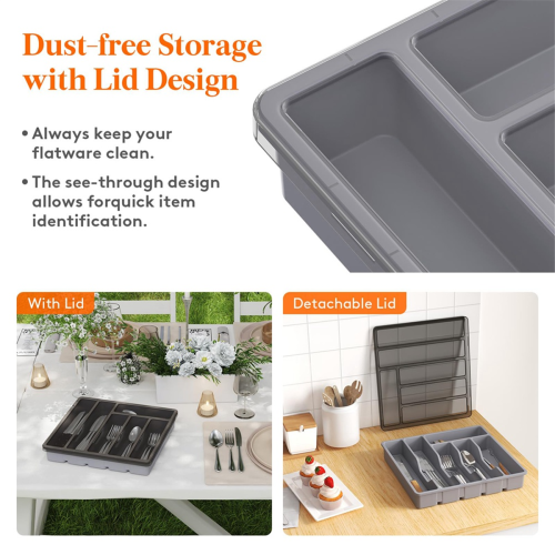 Silverware Organizer with Lid,Covered Utensil Tray Gray 2