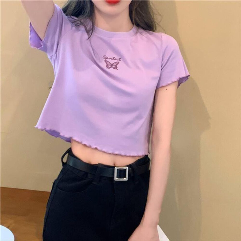 (S, violet) Summer High Waist Exposed Navel Slim Fit Butterfly Embroidery Short Sleeved Top For Women